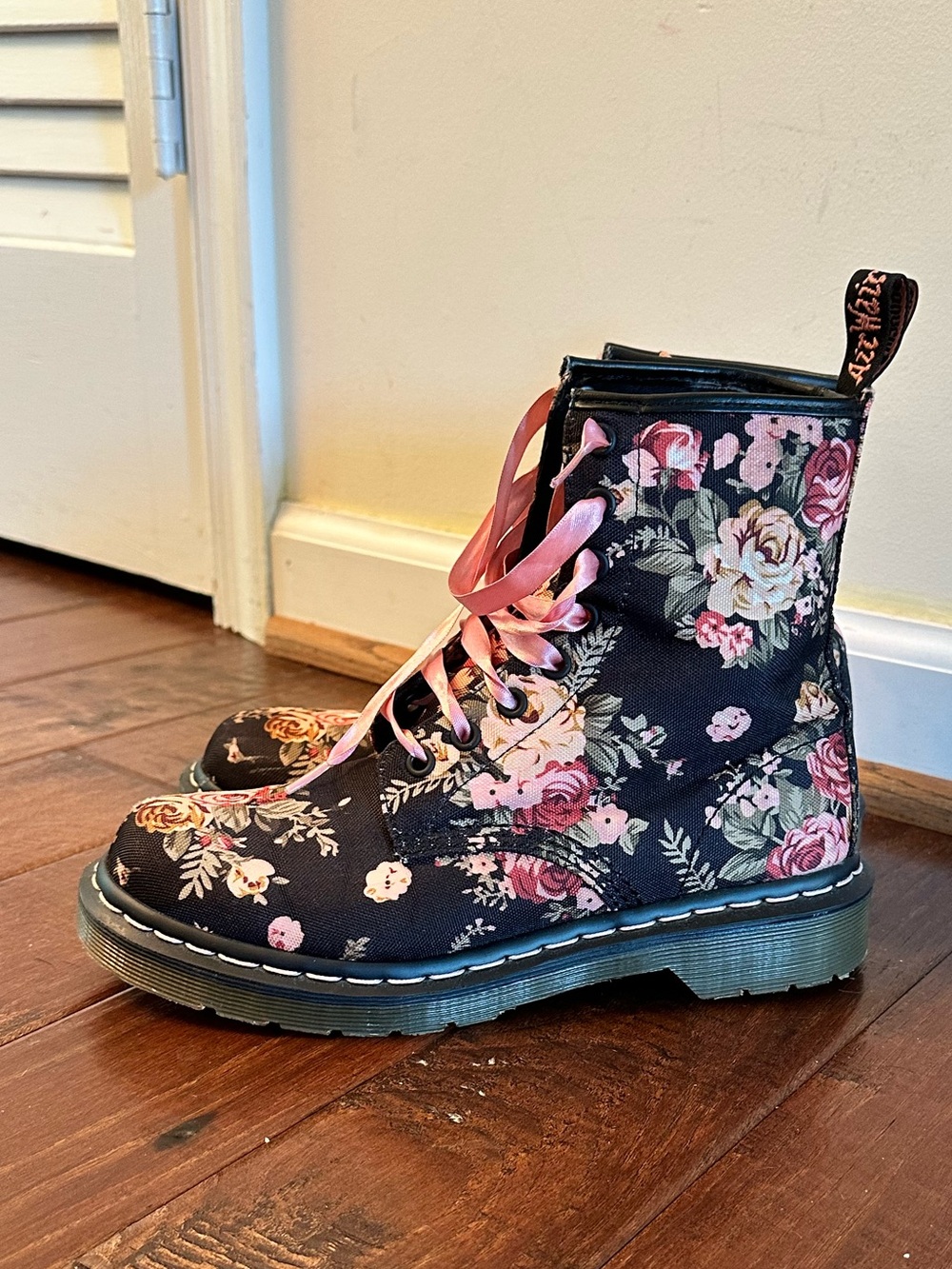 Dr. Martens 11821 Black Floral Canvas Combat Boots with Pink Accents/Ribbon Lace